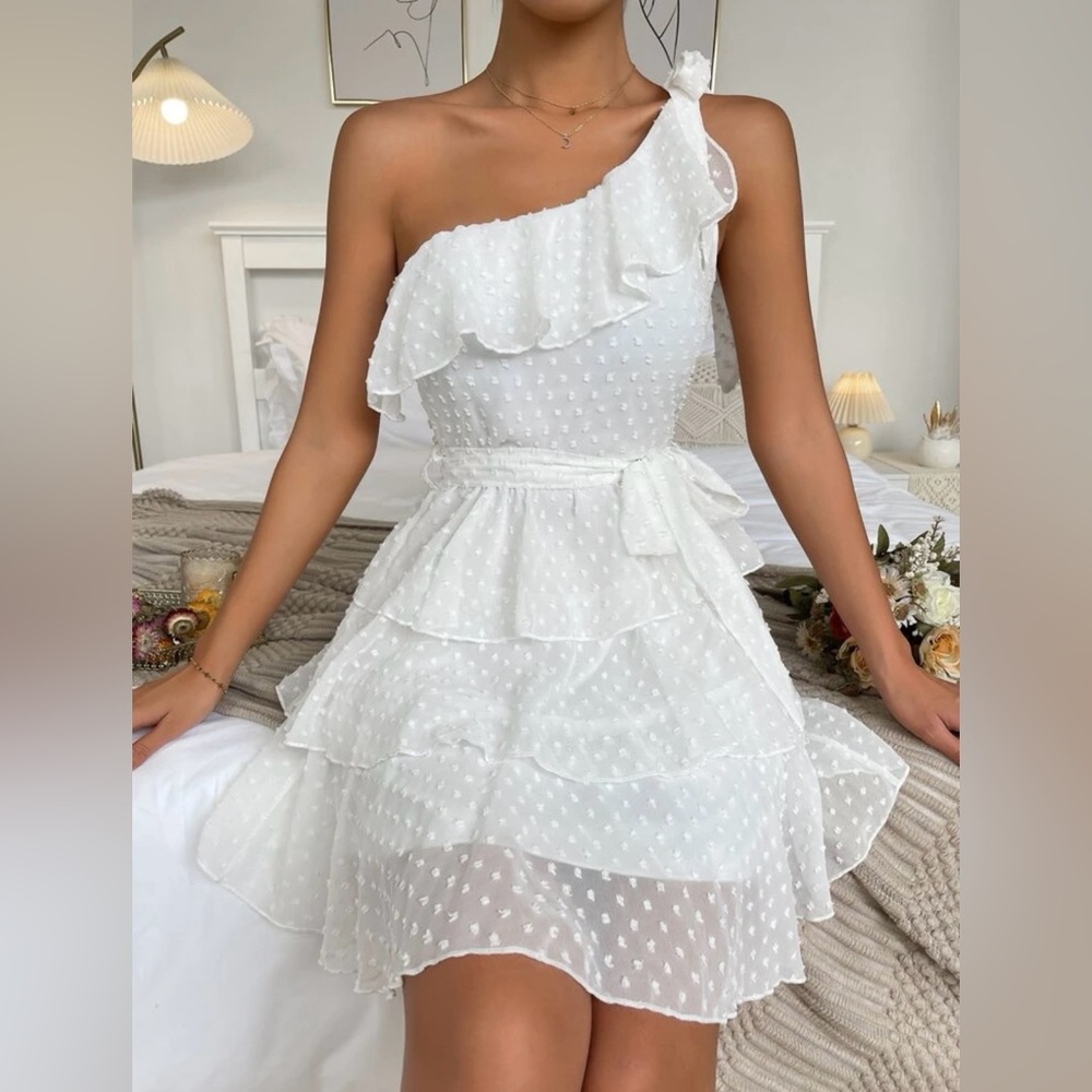 White One-Shoulder Ruffle Dress - Picture 3 of 5